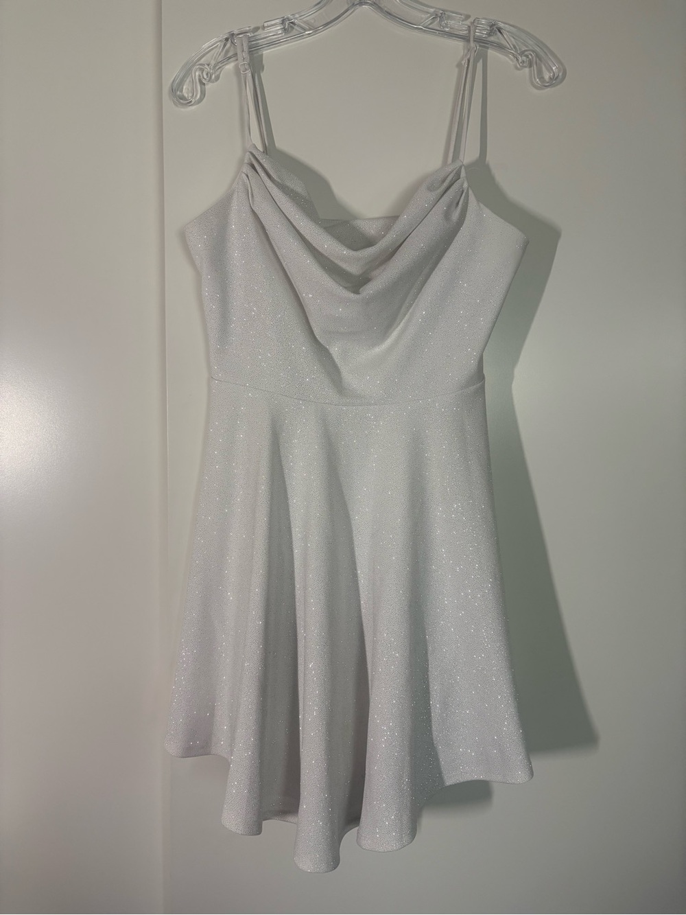 NWOT White Bachelorette Party Dress Sparkly Cowl Neck Balletcore Mini Dress